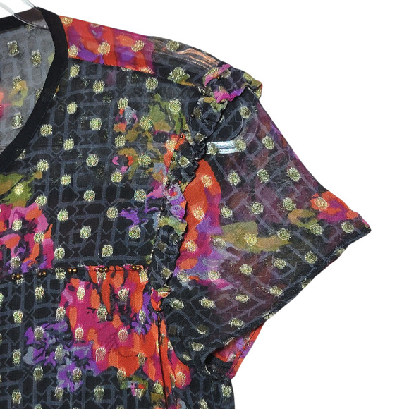 Anthropologie Fiorella Floral Blouse Gold Metallic Beaded Black Pink Red 4 - Picture 6 of 16